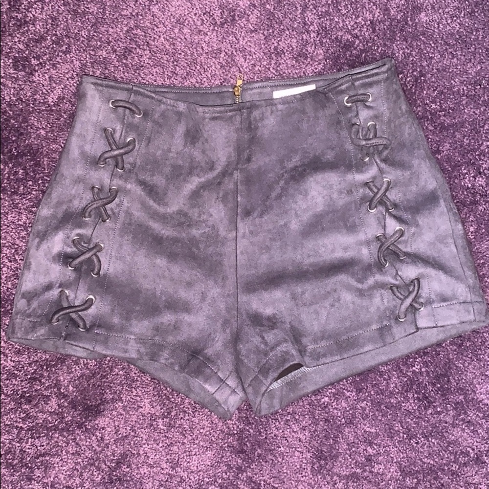 Zip-up gray suede dress shorts